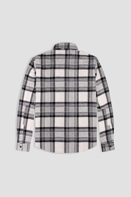 Back shot of a checkered flannel overshirt with a collar by BODA SKINS