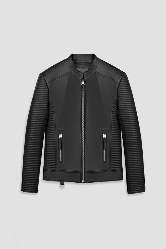 A black leather jacket with a streamlined design, featuring a collarless design, zippered pockets, and ribbed textured sleeves.