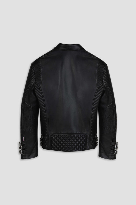 Reverse shot of a black leather fitted muscle fit jacket