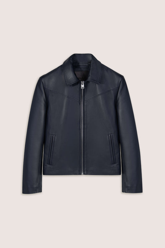 Navy leather jacket on a light beige background