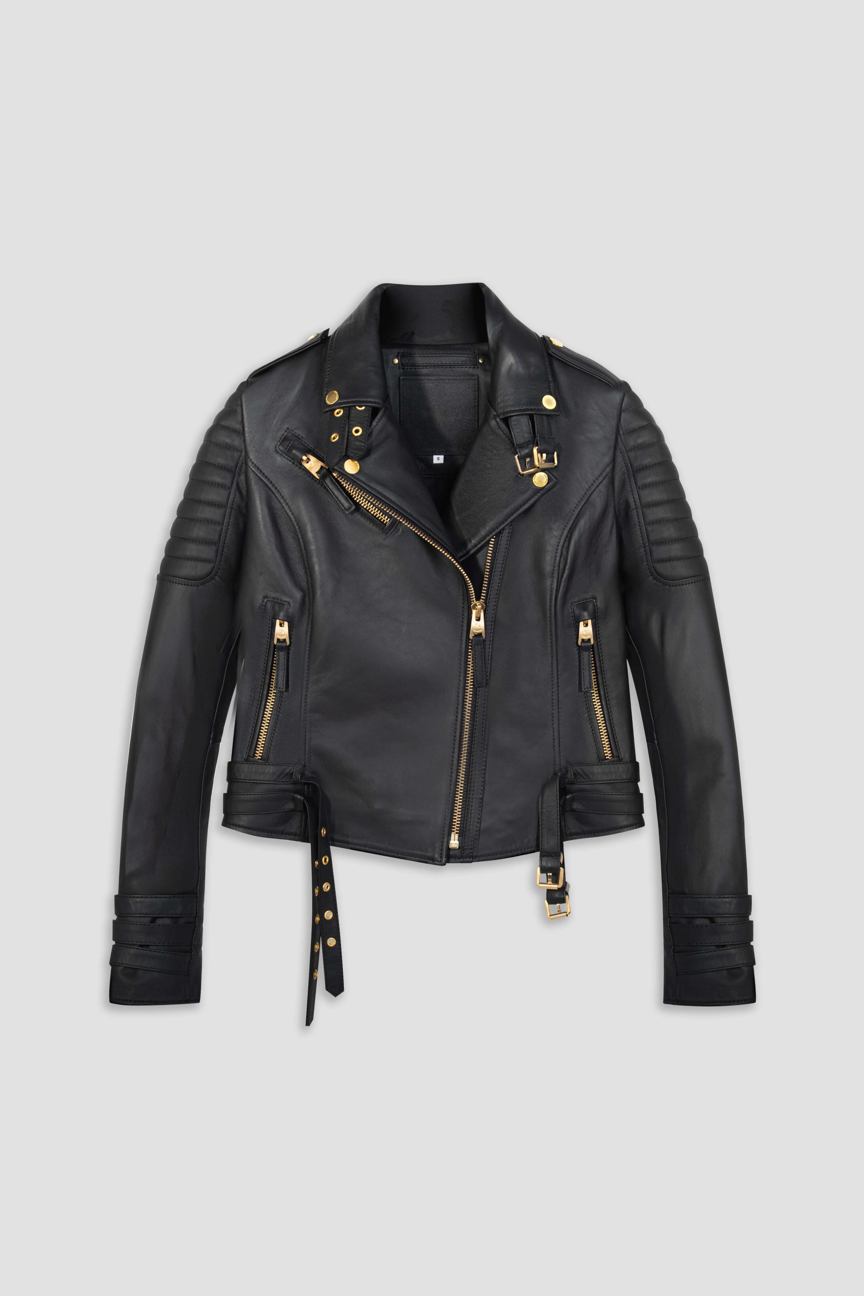 Women's Ribbed Black Leather Jacket Gold Detailing BODA SKINS
