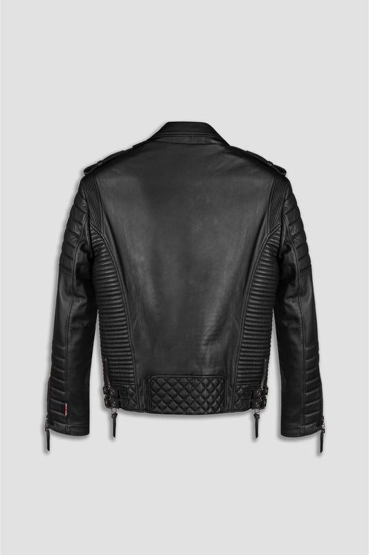 Reverse of a Black Kay Michaels Men's Tall Biker Leather Jacket on a beige background