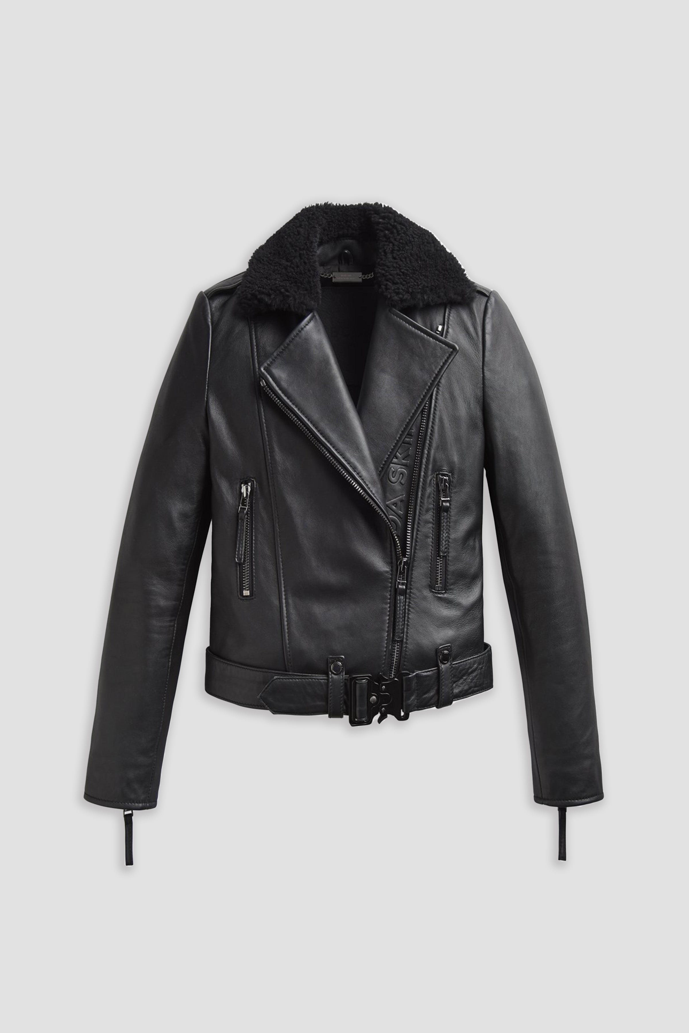Women's Premium Leather Biker Jacket with Shearling Collar BODA