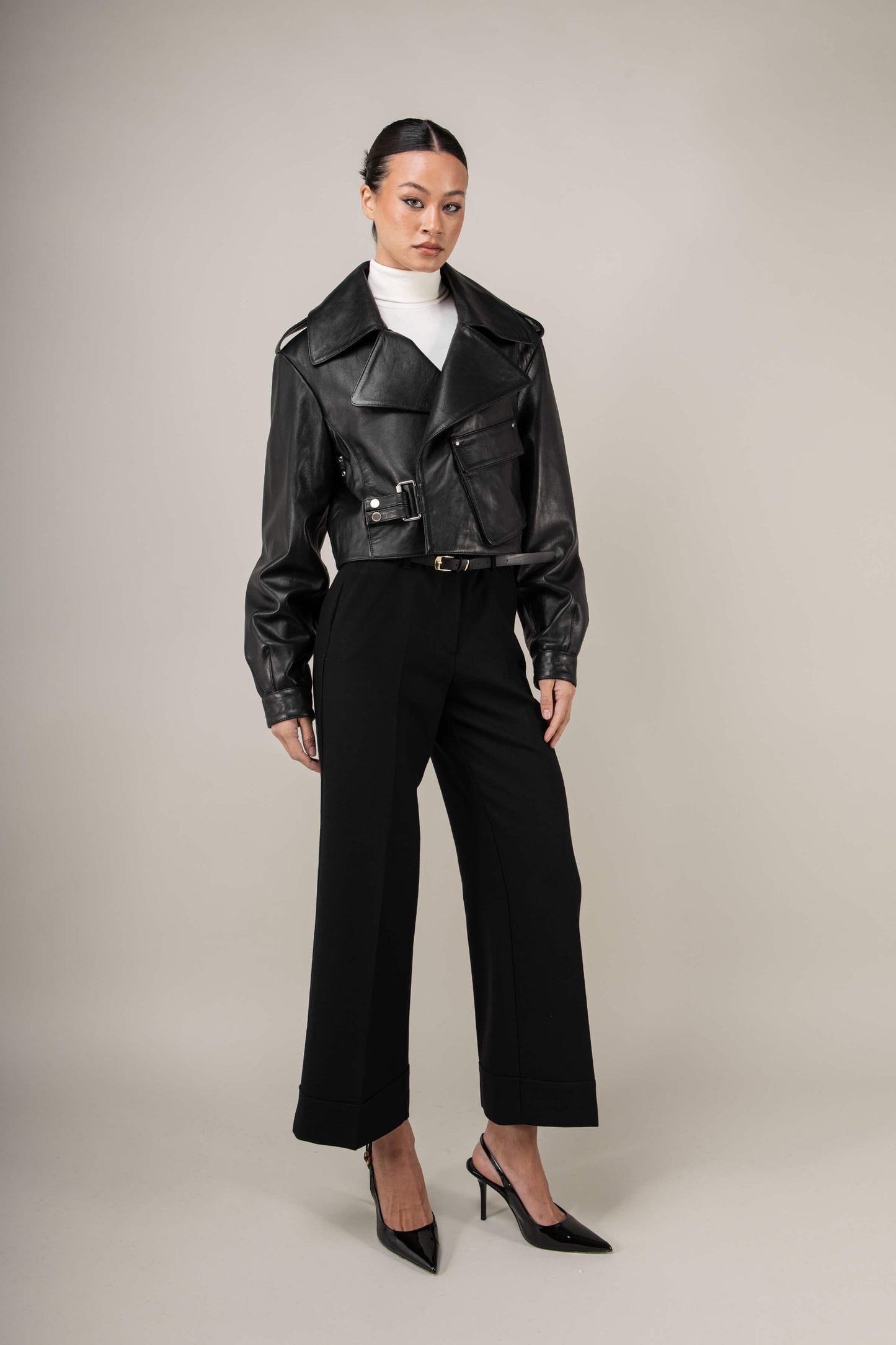 Cropped Blouson Black Leather Jacket