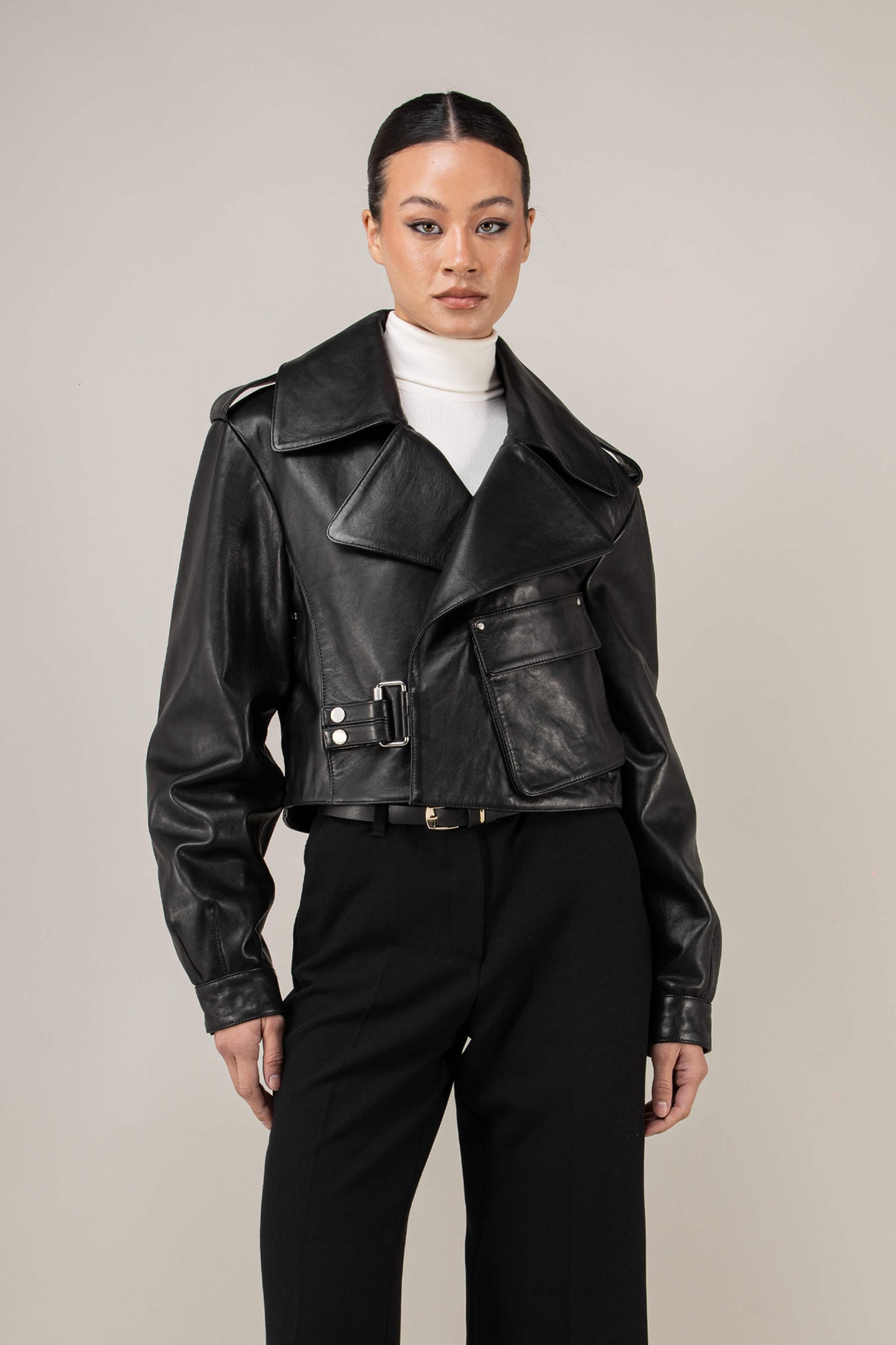 Cropped Blouson Black Leather Jacket