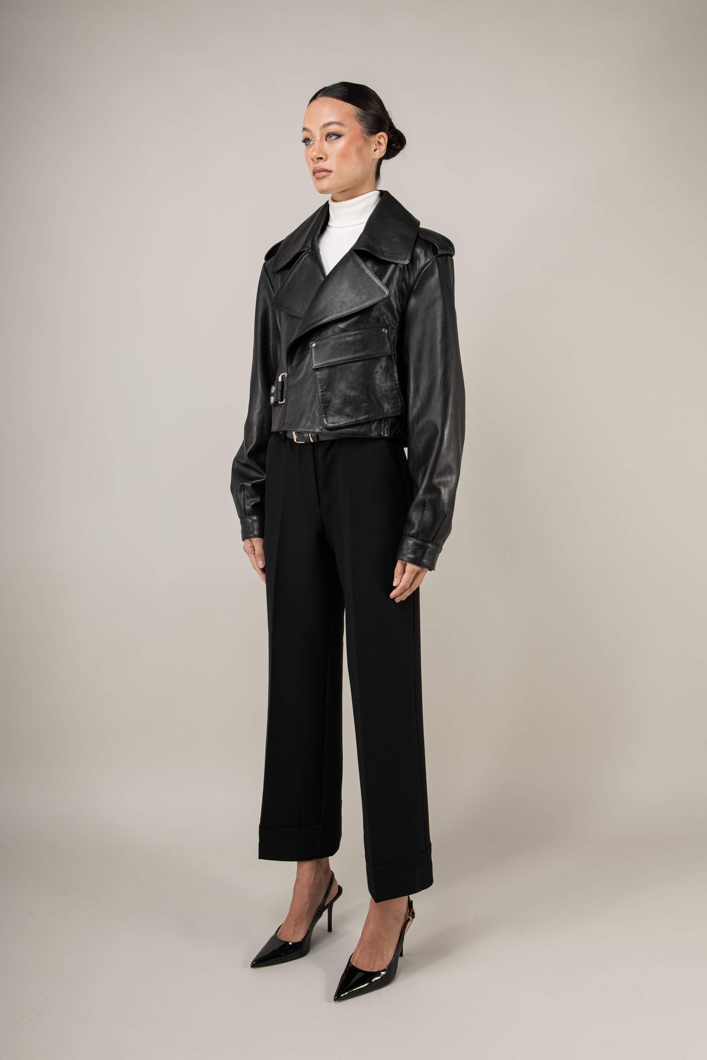 Cropped Blouson Black Leather Jacket