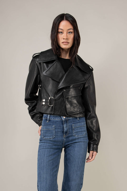Cropped Blouson Black Leather Jacket