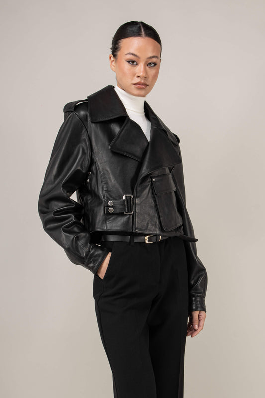Cropped Blouson Black Leather Jacket