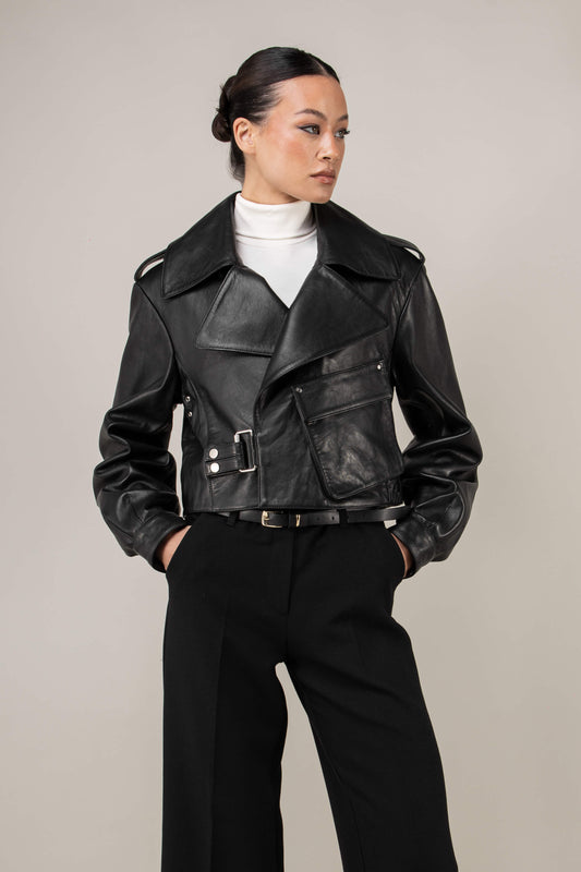 Cropped Blouson Black Leather Jacket