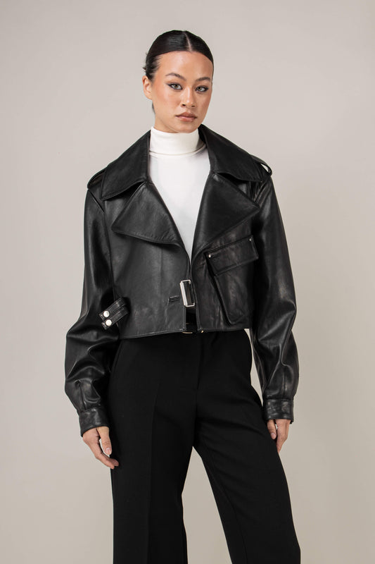 Cropped Blouson Black Leather Jacket