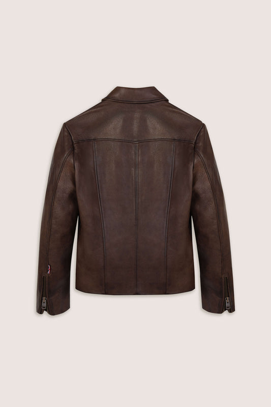 Reverse shot of a brown leather jacket on a light beige background