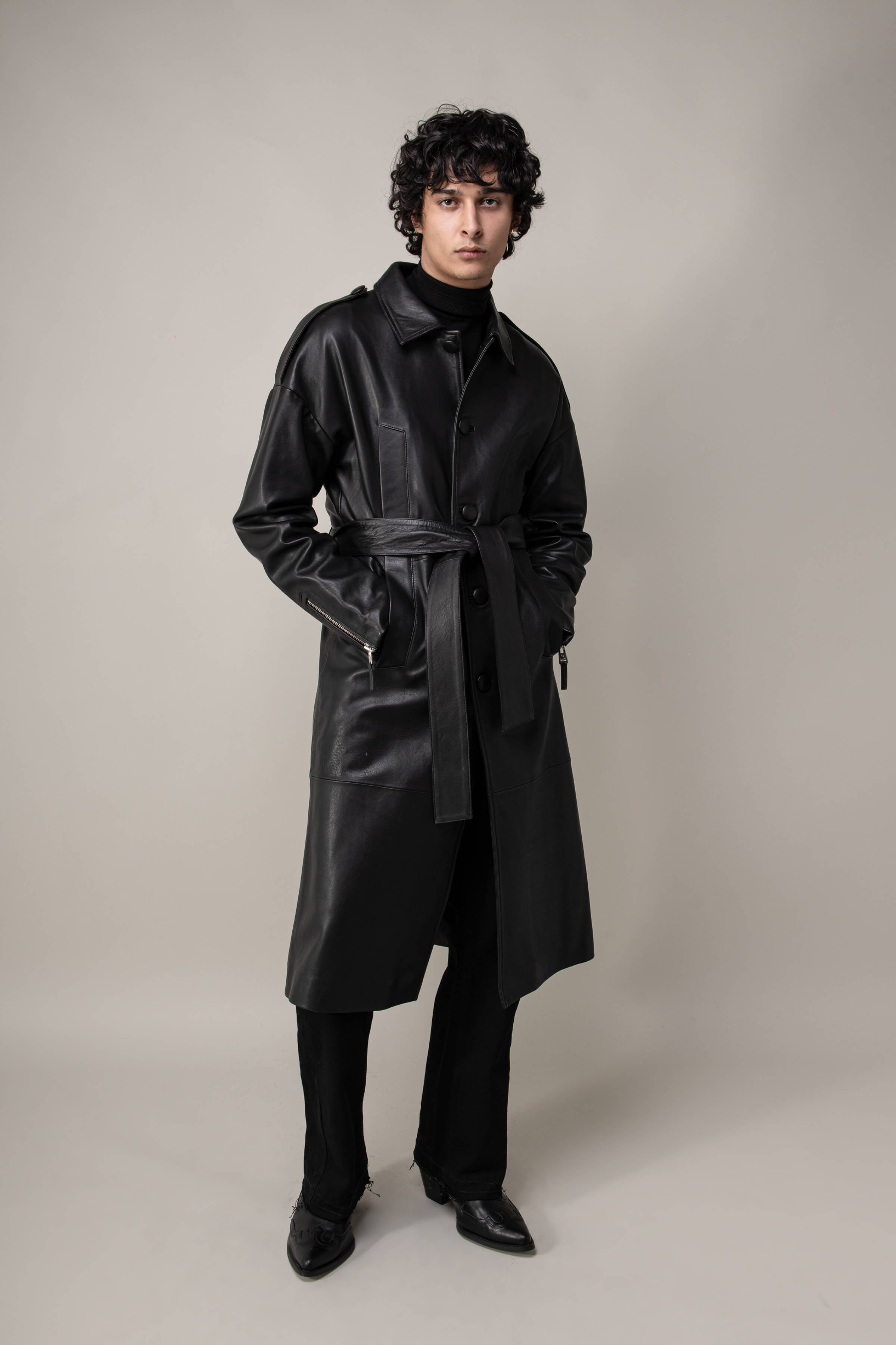 Men's Full Length Real Leather Trench Coat – Black, Double Breasted, Collared, S-3XL, Smart Range Leather Style 6965