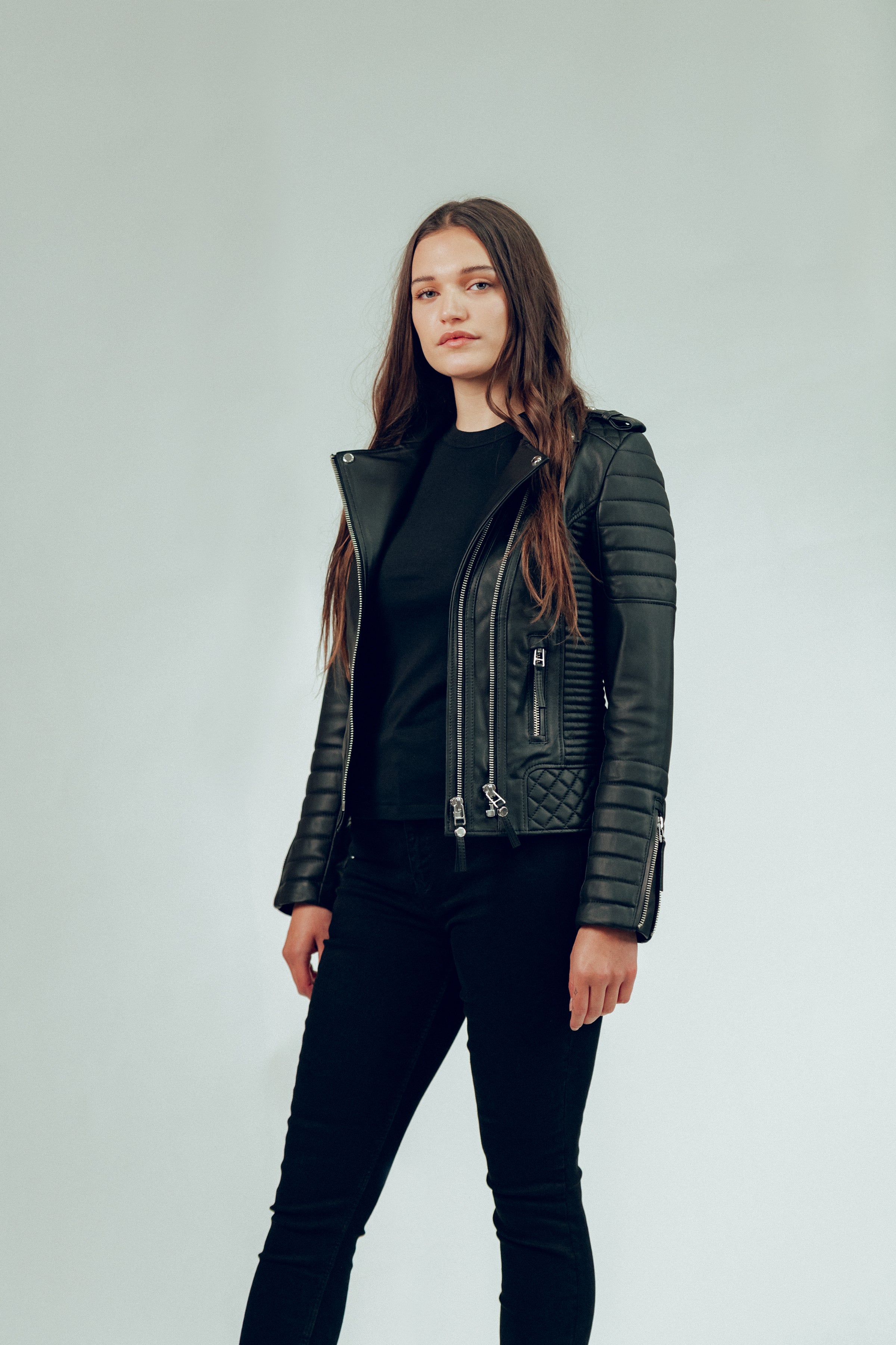 Women's Tall Kay Michaels: Platinum Leather Jacket in Black | BODA SKINS