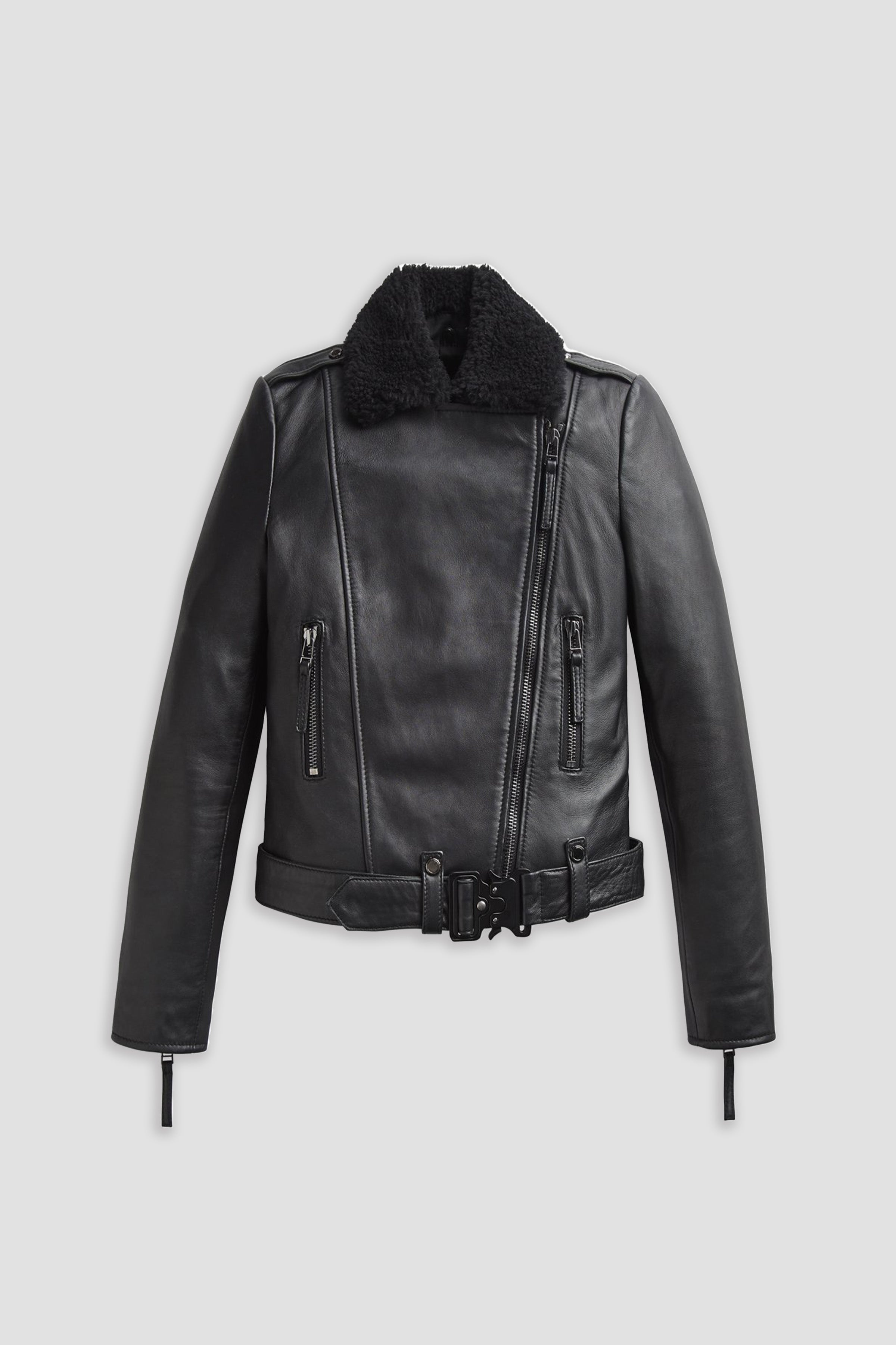 Women's Premium Leather Biker Jacket with Shearling Collar BODA